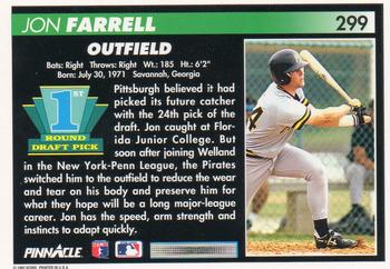 1992 Pinnacle #299 Jon Farrell Back