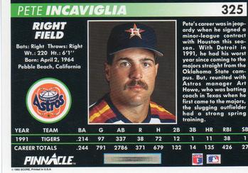 1992 Pinnacle #325 Pete Incaviglia Back