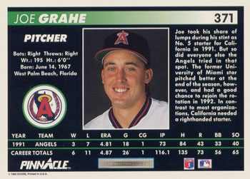 1992 Pinnacle #371 Joe Grahe Back