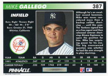 1992 Pinnacle #387 Mike Gallego Back