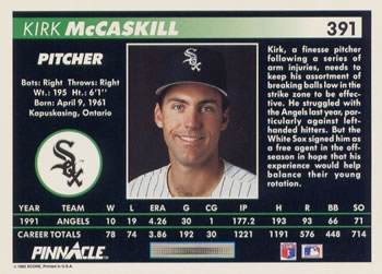 1992 Pinnacle #391 Kirk McCaskill Back