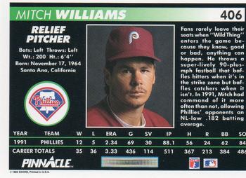1992 Pinnacle #406 Mitch Williams Back
