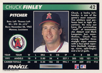 1992 Pinnacle #42 Chuck Finley Back