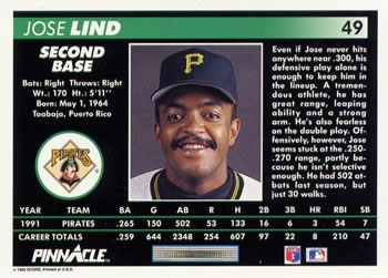 1992 Pinnacle #49 Jose Lind Back