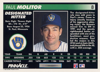 1992 Pinnacle #8 Paul Molitor Back