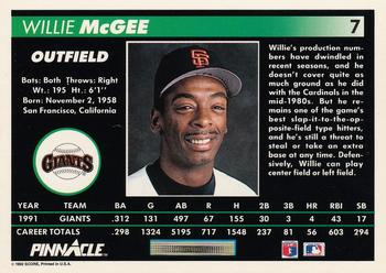 1992 Pinnacle #7 Willie McGee Back