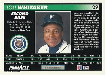 1992 Pinnacle #29 Lou Whitaker Back
