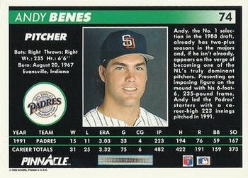 1992 Pinnacle #74 Andy Benes Back
