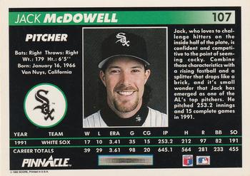 1992 Pinnacle #107 Jack McDowell Back