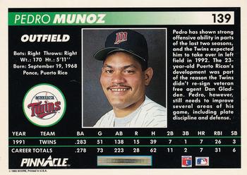 1992 Pinnacle #139 Pedro Munoz Back