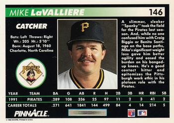 1992 Pinnacle #146 Mike LaValliere Back