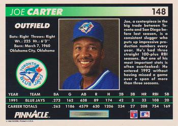 1992 Pinnacle #148 Joe Carter Back