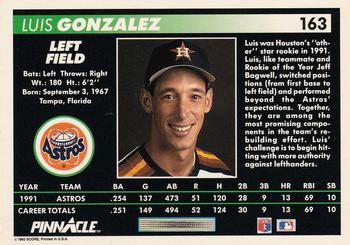 1992 Pinnacle #163 Luis Gonzalez Back