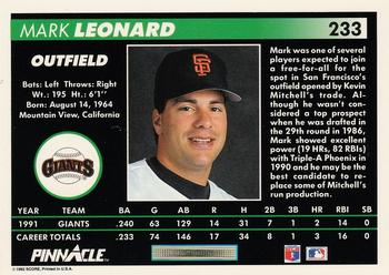 1992 Pinnacle #233 Mark Leonard Back