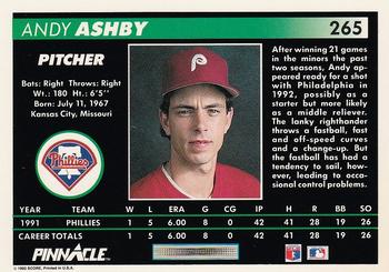 1992 Pinnacle #265 Andy Ashby Back