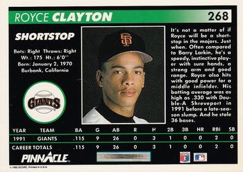 1992 Pinnacle #268 Royce Clayton Back