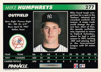 1992 Pinnacle #277 Mike Humphreys Back