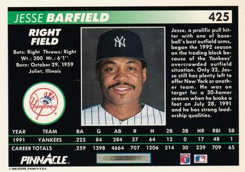 1992 Pinnacle #425 Jesse Barfield Back