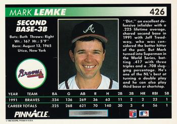 1992 Pinnacle #426 Mark Lemke Back