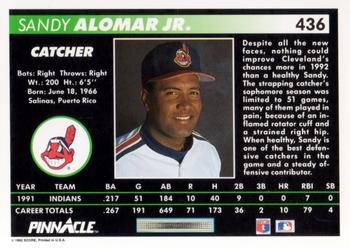 1992 Pinnacle #436 Sandy Alomar Jr. Back