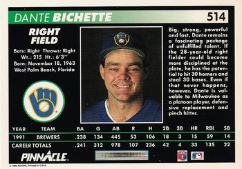 1992 Pinnacle #514 Dante Bichette Back