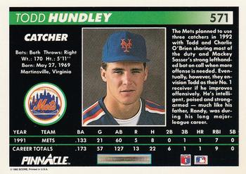 1992 Pinnacle #571 Todd Hundley Back