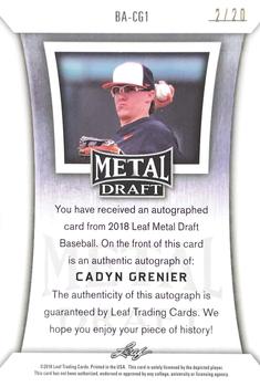 2018 Leaf Metal Draft - Blue Wave #BACG1 Cadyn Grenier Back