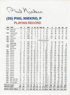 1987 Gatorade Cleveland Indians SGA #NNO Phil Niekro Back