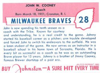 1988 JALFCO 1955 Johnston Cookies Reprints #28 Johnny Cooney Back