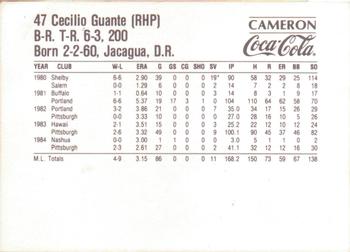 1985 Coca-Cola Pittsburgh Pirates #NNO Cecilio Guante Back