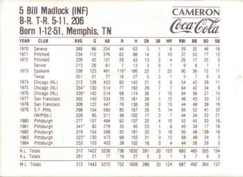 1985 Coca-Cola Pittsburgh Pirates SGA #NNO Bill Madlock Back