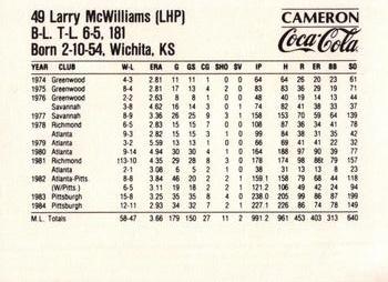 1985 Coca-Cola Pittsburgh Pirates #NNO Larry McWilliams Back