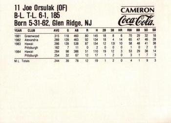 1985 Coca-Cola Pittsburgh Pirates #NNO Joe Orsulak Back