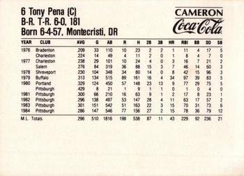 1985 Coca-Cola Pittsburgh Pirates #NNO Tony Pena Back