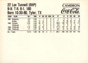 1985 Coca-Cola Pittsburgh Pirates #NNO Lee Tunnell Back