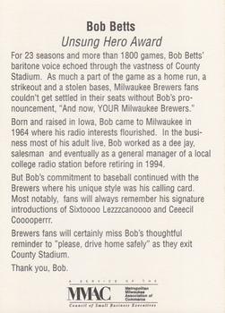1999 Milwaukee Brewers Diamond Celebration #NNO Bob Betts Back