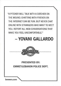 2009 Milwaukee Brewers Police - Emmet / Lebanon Police Dept. #NNO Yovani Gallardo Back