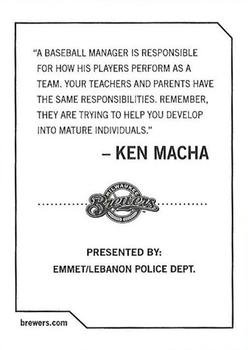 2009 Milwaukee Brewers Police - Emmet / Lebanon Police Dept. #NNO Ken Macha Back