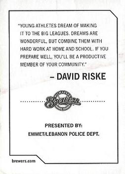 2009 Milwaukee Brewers Police - Emmet / Lebanon Police Dept. #NNO David Riske Back