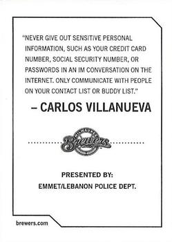 2009 Milwaukee Brewers Police - Emmet / Lebanon Police Dept. #NNO Carlos Villanueva Back