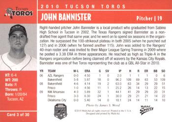 2010 MultiAd Tucson Toros #3 John Bannister Back