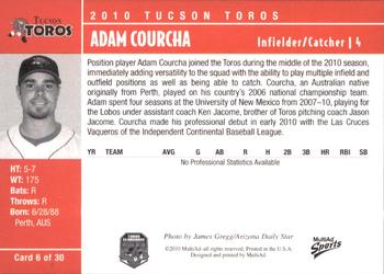 2010 MultiAd Tucson Toros #6 Adam Courcha Back