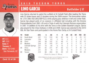 2010 MultiAd Tucson Toros #12 Lino Garcia Back