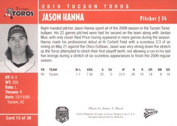 2010 MultiAd Tucson Toros #13 Jason Hanna Back