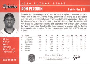 2010 MultiAd Tucson Toros #16 Ron Perodin Back