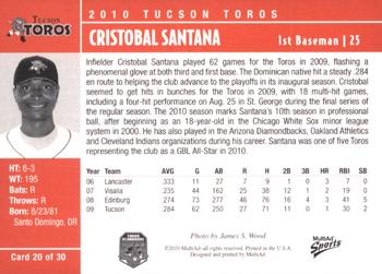 2010 MultiAd Tucson Toros #20 Cristobal Santana Back