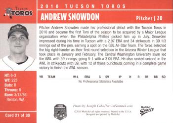2010 MultiAd Tucson Toros #21 Andrew Snowdon Back