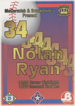 1996 Pacific McCormick & Brookshire's Nolan Ryan Career Highlights #NNO Header Front