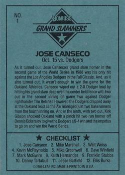 1989 Donruss - Leaf Blue Chips #1 Jose Canseco Back