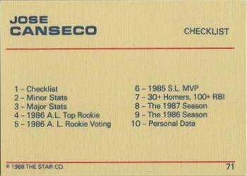 1988 Star Platinum #71 Jose Canseco Back